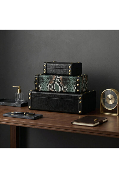 Generic Brand Set of 3 Leather Boxes - Green and Black - 8X10X19 cm - 9X15X26...