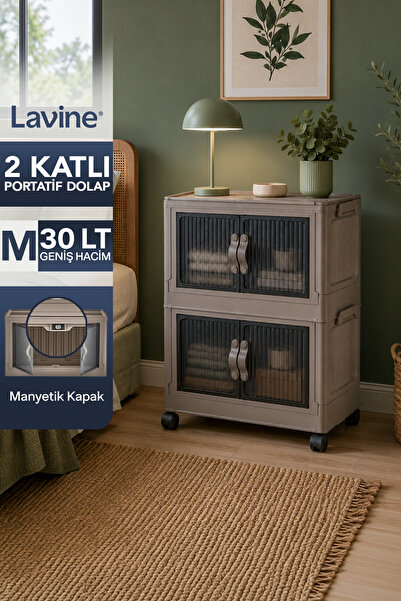 Lavine ”MEDIUM” 2 Katlı Portatif Tekerlekli Organizer Dolap Beyaz 30 LT Mıkna...
