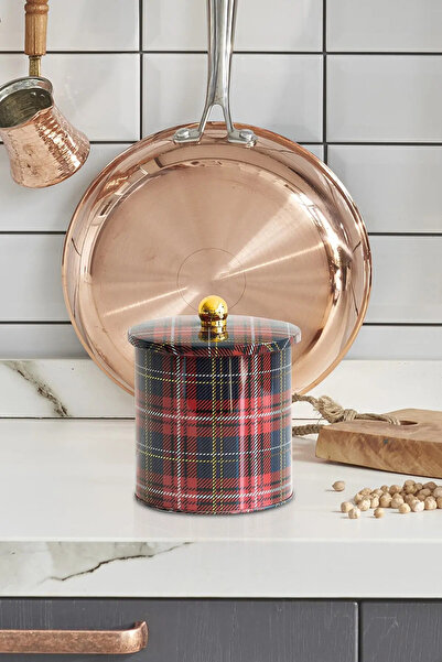 Evle Exclusive Plaid Patterned Metal Storage Container, 14 Cm, Jar, 500-999 ml