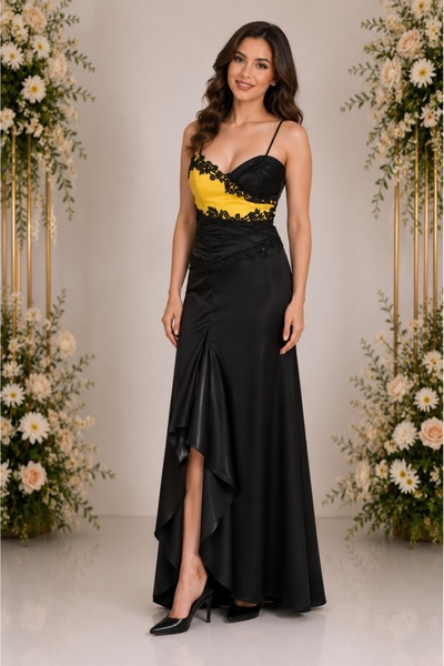 OEM Rochie de seara din sate negru si galben cu dantela aplicata