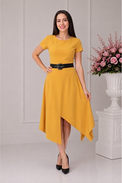 OEM Rochie rafinata, asimetrica, in nuanta de galben si curea neagra
