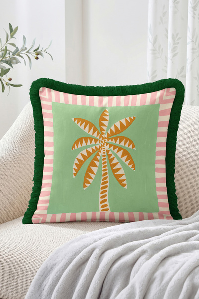 Realhomes Palm Tree Figured Striped Frame Patterned Fringed Throw Pillow Cove...