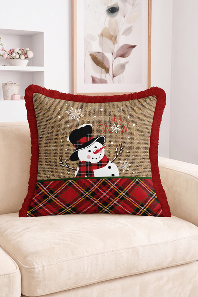 Realhomes Let It Snow Written Snowman and Plaid Pattern Fringed Throw Pillow ...
