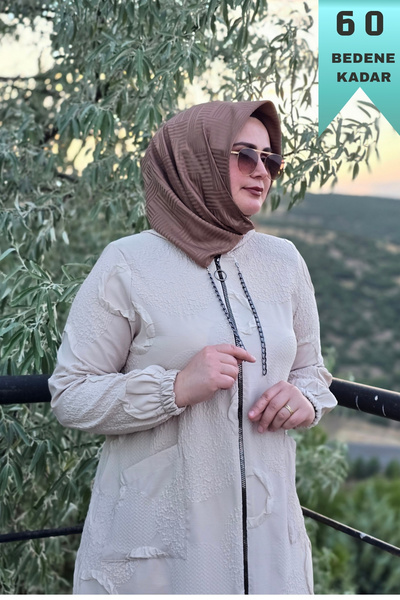 Elmas Tesettür Kadın Giyim Büyük Beden Halka Kabartma Baskılı Jakarlı Kapşonl...