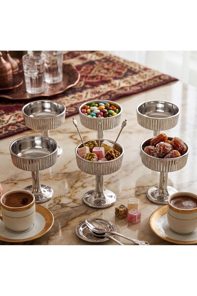 Hinora 6-Piece Glass Turkish Delight Serving Set with Feet, Titanium Coated S...