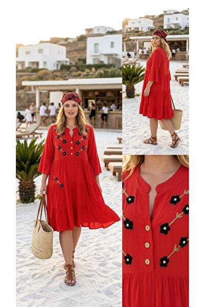 bohostyle.ro Rochie Lejeră din Vâscoză cu Broderie Manuală Florale și Năsturei