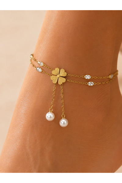 Generic Brand "Pearls & Clover" double anklet in gold stainless steel, with c...