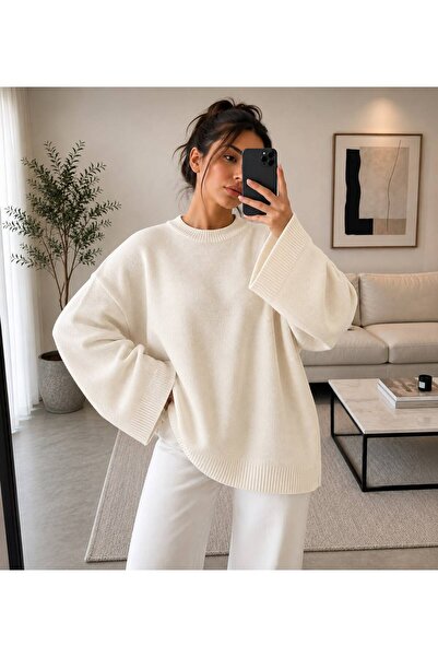 threeoff Kadın Salaş Triko Kazak Oversize Bisiklet Yaka Uzun Kollu Basic Model