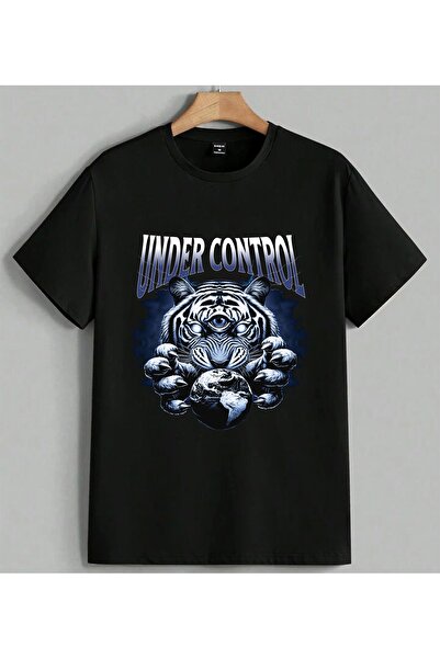 ELFERA Under Control Tiger Print Printed Unisex Oversize T-Shirt Black