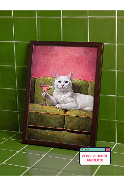 esnipix Kokteyl Tutan Kedi Poster Eğlenceli Kedi Duvar Dekoru Vintage Yağlı B...