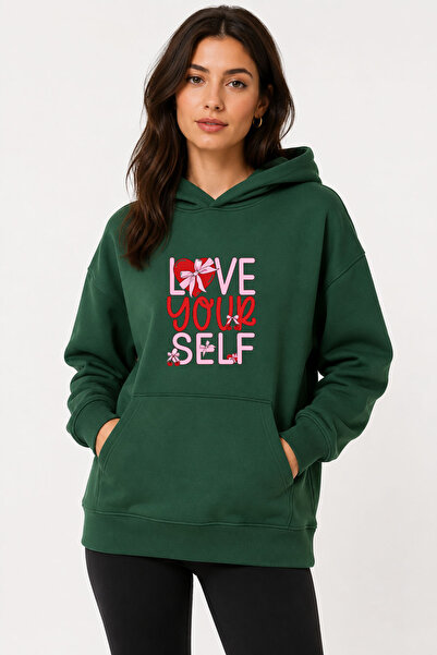 herkesemoda Love Your Self Printed Hooded 2 Thread Threaded Sweatshirt