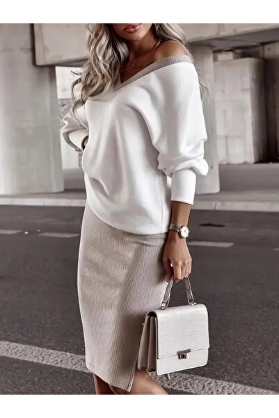 modi Women's long sleeve v-neck viscose two-thread blouse and mini skirt two-...