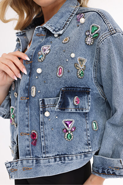 RENGARENG Women's Designer Denim Jacket with Colorful Stone and Chain Detail,...