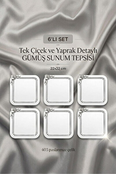 Simply Now Gümüş Tek Çiçek ve Yaprak Detaylı Kare Sunum Tepsisi 22x22 cm Pasl...