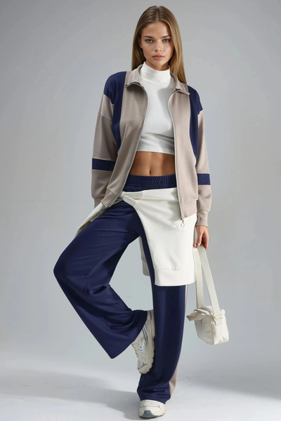 fiolin Soft Touch Color Blocked Modal Textured Zippered Tracksuit Set