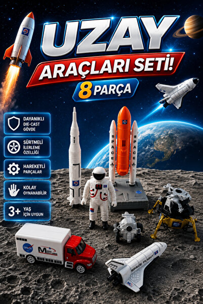 craftivio 8 Parça Metal Uzay Araçları Seti Die-Cast Astronot Uzay Mekiği ve R...