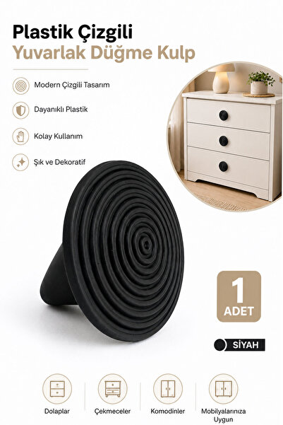 Badem10 Plastik Çizgili Yuvarlak Düğme Kulp 1 Adet Siyah Çekmece Mobilya Dola...