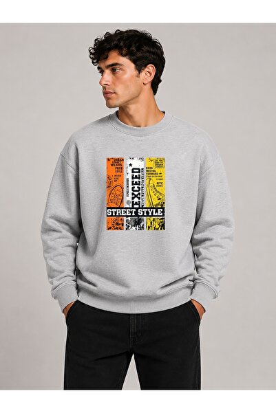 herkesemoda Exceed Print Detailed Crew Neck 2 Thread Sweatshirt