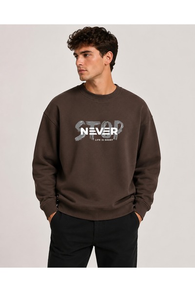 herkesemoda Stop Never Detailed Crew Neck 2 Thread Sweatshirt