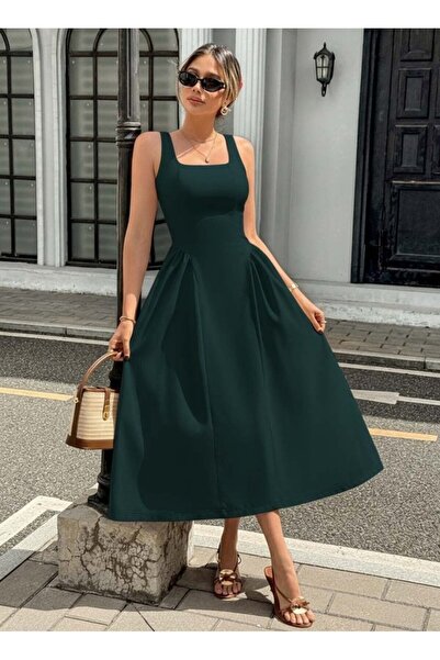 UFC 1985 TOP BRAND Women's Strappy Square Collar Long Imported Crepe Dress