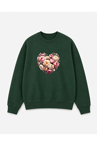 herkesemoda Heart and Roses Print Detailed Crew Neck 2 Thread Sweatshirt