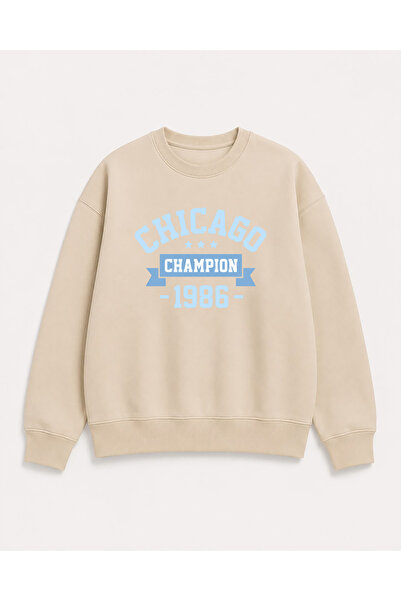 herkesemoda Chicago Print Detailed Crew Neck 2 Thread Sweatshirt