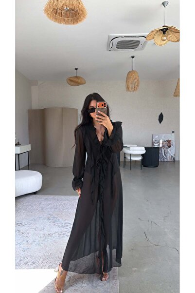 Buket Teke Black Ruffled Chiffon Long Pareo Jacket