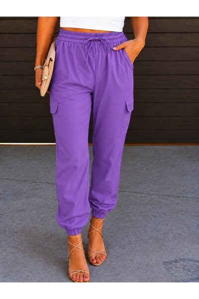 Generic Brand Women's High Waist Lace-Up Parachute Pants with Pockets and Ela...
