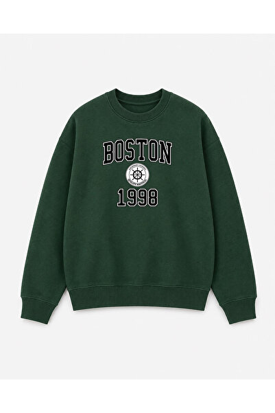 herkesemoda Boston Print Detailed Crew Neck 2 Thread Sweatshirt