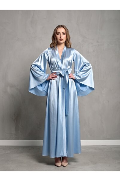Lama Lingerie Kadın Saten Uzun Sabahlık Geniş İspanyol Kollu ve Kuşaklı Kimon...