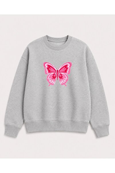 herkesemoda Butterfly Print Detailed Embroidered 2 Thread Crew Neck Sweatshirt