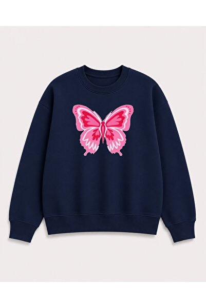 herkesemoda Butterfly Print Detailed Embroidered 2 Thread Crew Neck Sweatshirt