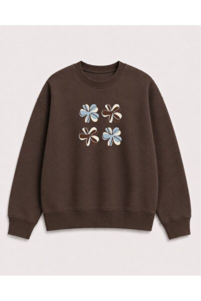 herkesemoda Floral Printed 2 Thread Threaded Crew Neck Sweatshirt