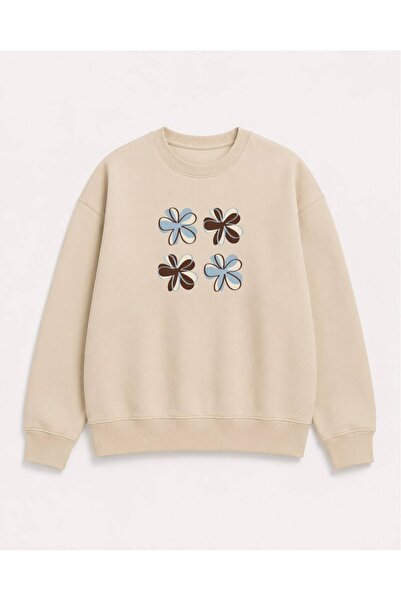 herkesemoda Floral Printed 2 Thread Threaded Crew Neck Sweatshirt