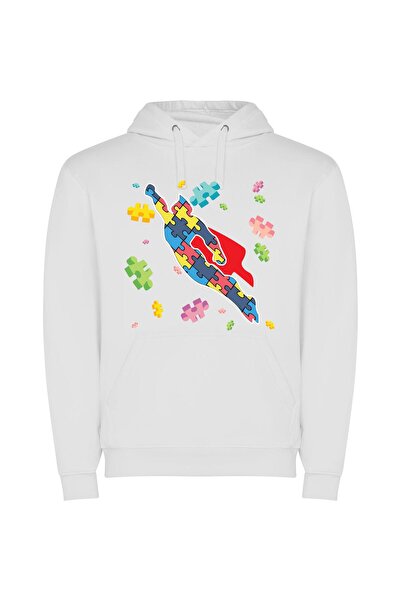 iLovePrints Colorful Puzzle Hero's Flight Φούτερ με κουκούλα σε χρώμα Λευκό