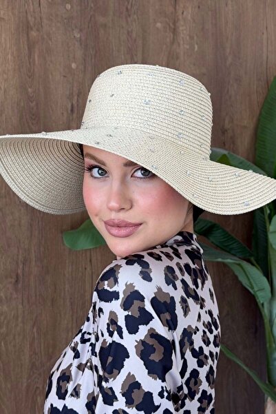 Şule Giyim Full Stone Wide Straw Hat Beige