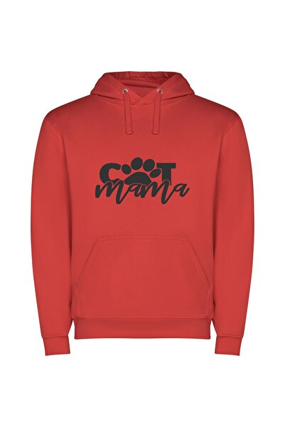 iLovePrints Mama's Feline Elegance Φούτερ με κουκούλα σε χρώμα Κόκκινο