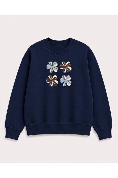 herkesemoda Floral Printed 2 Thread Threaded Crew Neck Sweatshirt