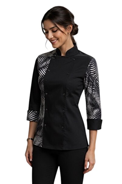 MESASTORE Unisex Balip Black Palm Patterned Chef Jacket