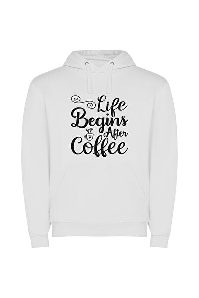 iLovePrints Brewed Bliss: Life's Black & White Φούτερ με κουκούλα σε χρώμα Λευκό