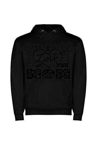 iLovePrints Monochrome Mama Love Φούτερ με κουκούλα σε χρώμα Μαύρο