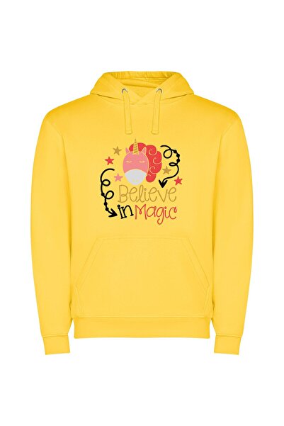 iLovePrints Magical Whimsical Unicorns Φούτερ με κουκούλα σε χρώμα Κίτρινο