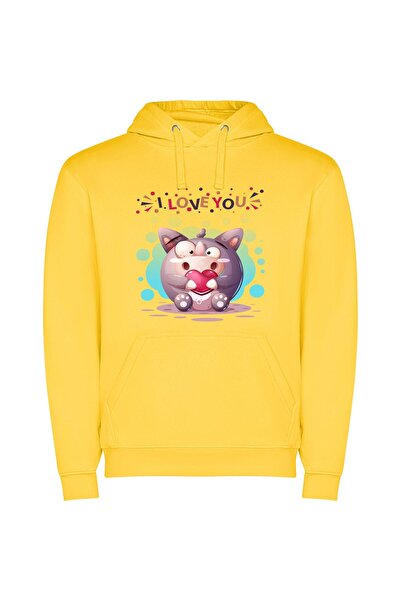 iLovePrints Feline Love: Chubby Chibi Φούτερ με κουκούλα σε χρώμα Κίτρινο