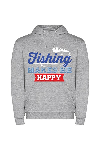 iLovePrints Fishing Bliss: Pure Happiness! Φούτερ με κουκούλα σε χρώμα Γκρι