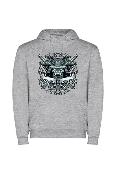 iLovePrints Masked Samurai: Inked Elegance Φούτερ με κουκούλα σε χρώμα Γκρι