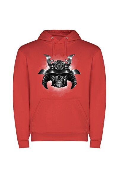 iLovePrints Ink Samurai Skull: Inspired Φούτερ με κουκούλα σε χρώμα Κόκκινο