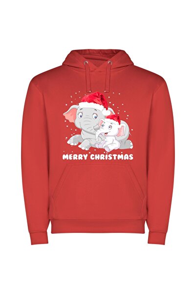 iLovePrints Festive Elephant Extravaganza Φούτερ με κουκούλα σε χρώμα Κόκκινο
