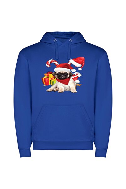 iLovePrints Festive Pug Fashion Φούτερ με κουκούλα σε χρώμα Μπλε