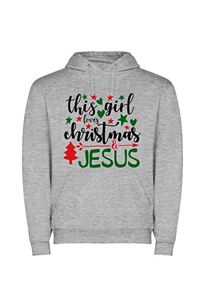 iLovePrints Christmas Devotion: Girl's Love Φούτερ με κουκούλα σε χρώμα Γκρι