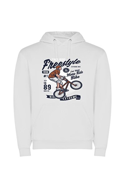 iLovePrints Bike Mania: Digital Chic Φούτερ με κουκούλα σε χρώμα Λευκό